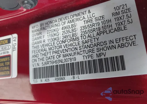 2022 Honda Cr-V Hybrid Touring z USA, uszkodzony, nr VIN 5J6RT6H93NL007819